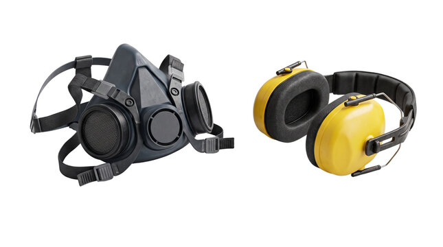 Industrial safety equipment set, professional respirator mask and yellow ear muffs, personal protective gear for construction and factory work isolated PNG with Transparent Background