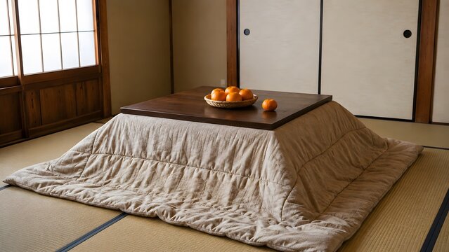 japanese tatami room with kotatsu and mandarins in winter