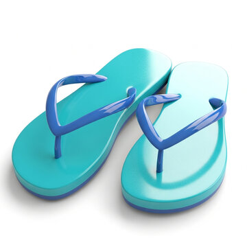 Bright Turquoise Flip Flops with Blue Straps on a White Background