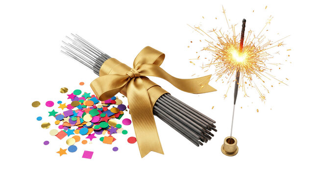 Festive sparkler sticks with gold ribbon, burning holiday sparkler with bright fire, colorful party confetti for celebration events isolated PNG with Transparent Background