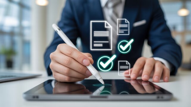 A Professional Business Person Digitally Signing Documents Using A Stylus On Tablet