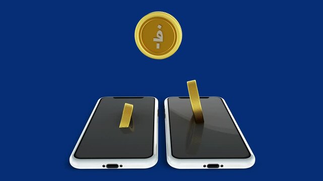 3D animation of gold Afghan Afghani coins inserting into and emerging from two smartphone screens on a blue background, representing digital mobile banking, wire transfers, and online payments.
