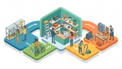 Fototapeta premium Circular Community Sharing System with Reusable Products, Isometric Sustainable Lifestyle Vector