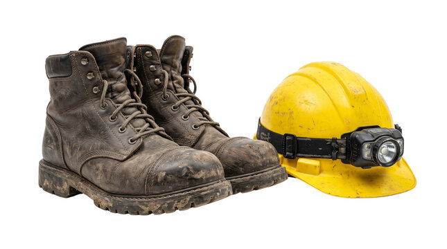 Rugged leather work boots and yellow hard hat with headlamp, worn construction safety gear, industrial protective equipment isolated PNG with Transparent Background