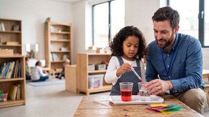 Obraz premium Male teacher guiding a young girl doing a science experiment with colored water in a classroom celebrating Happy Teacher Day