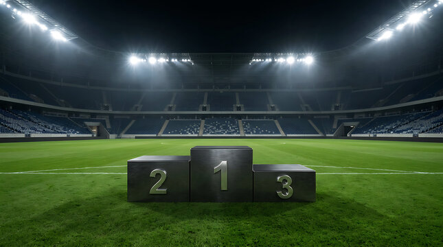 Empty sports podium with numbers one two and three on a stadium soccer field