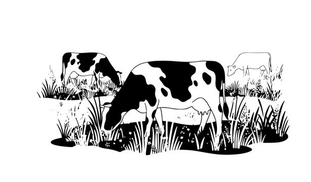 Three dairy cows feeding on tall summer meadow grass in peaceful rural farmland with natural grazing poses and minimalist vector artwork
