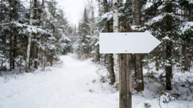 Blank white directional arrow sign on a wooden post in a snowy winter forest trail landscape pointing way with copy space