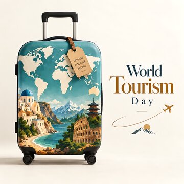 World Tourism Day concept with a travel suitcase decorated with famous global landmarks and a world map illustration against a clean white background