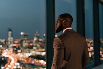 Fototapeta na wymiar Business professional standing by office window with night city lights for leadership background and urban office wallpaper