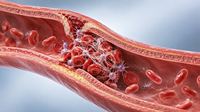 Blood clot formation with fibrin network trapping red blood cells inside artery
