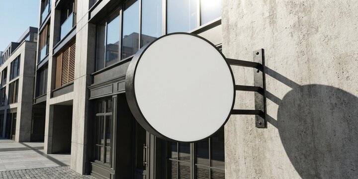Ultra realistic round projecting shop sign mockup, mounted on modern building facade