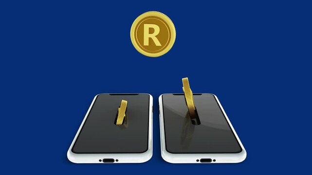 3D animation depicting South African Rand gold coins transferring digitally between two smartphone screens, illustrating online banking, instant mobile payments, fintech transactions, and money transf
