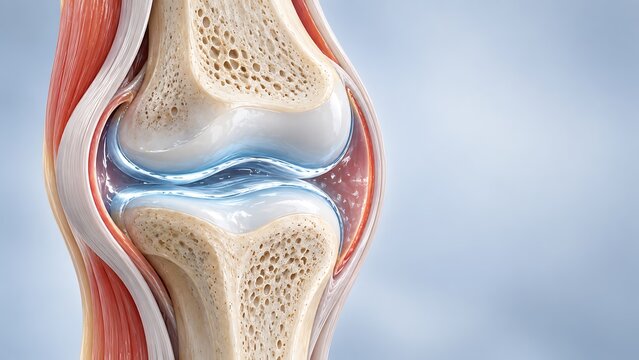 Detailed knee joint anatomy with articular cartilage and synovial fluid