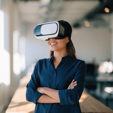 Woman wearing a virtual reality headset in a modern office smiling for technology banner, training background and immersive experience