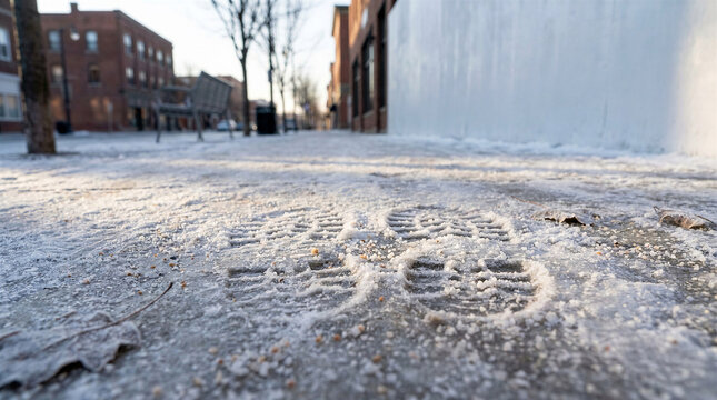 Footprints in the snow on a city sidewalk near buildings  