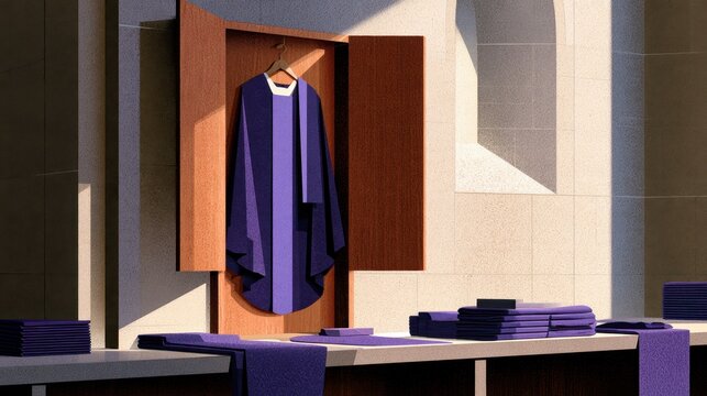 Church sacristy interior with purple liturgical vestments and folded altar linens for lent, ideal for design, poster and background