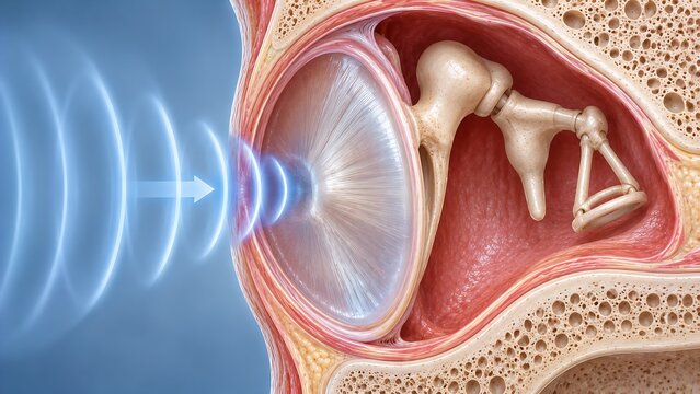Detailed middle and inner ear anatomy showing sound transmission