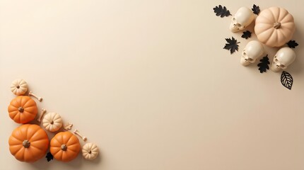 Fototapeta premium Autumn pumpkins and cotton branches on a neutral background