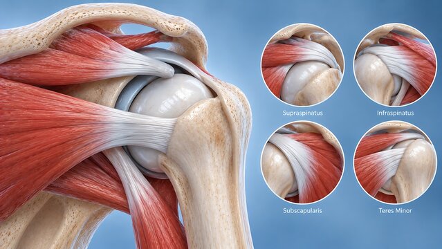 Detailed shoulder anatomy showing rotator cuff muscles and tendons