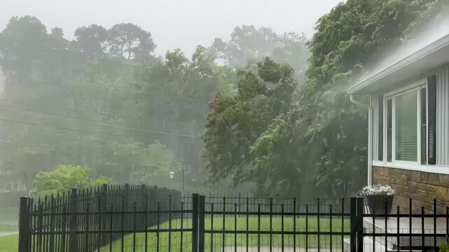 A thunderstorm with heavy rain pouring down violently on a home.
