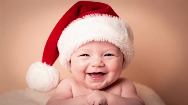 Smiling Baby in Santa Hat Portrait.
