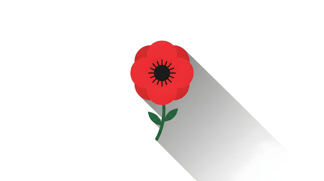 Red poppy flower icon with long shadow isolated on a white background