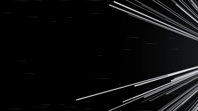 Monochromatic white high speed motion lines animation bursting from side corner, fast hyperspace transition background.