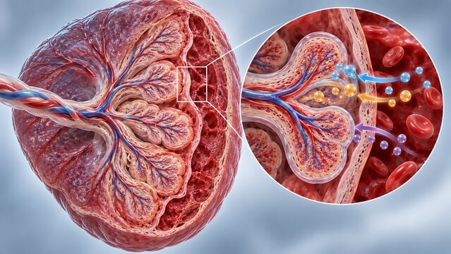 Detailed kidney anatomy showing glomeruli and renal filtration process