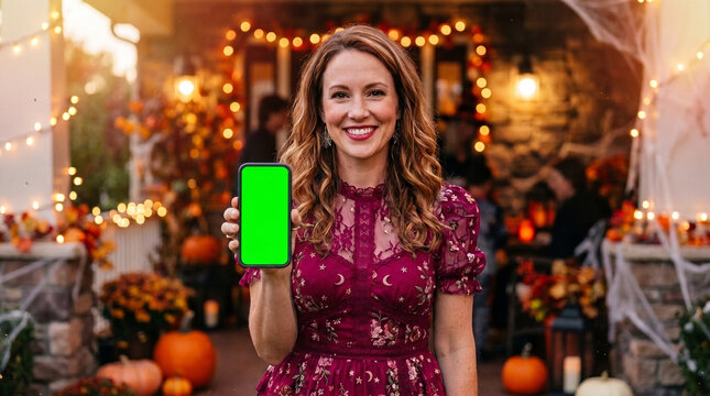 Photorealistic Halloween Woman Holding Unbranded Smartphone with Green Screen &ndash; Romantic Dark Pink Costume Close-Up Portrait