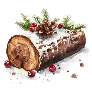 Yule Log watercolor drawing vector, high-quality modern illustration on a pure white background