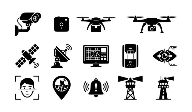 Modern surveillance system filled icons with security cameras drones satellite and tracking vector symbols