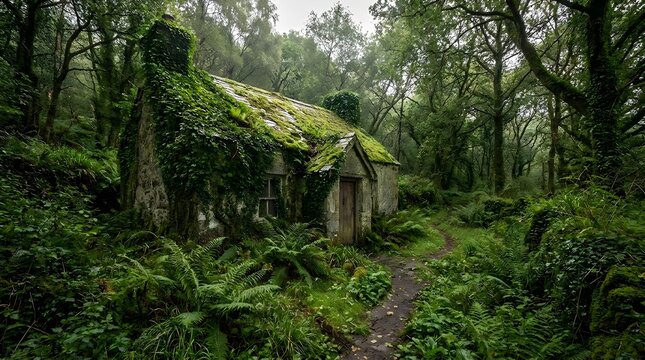 Abandoned stone cottage covered in lush green moss surrounded by dense ancient forest with ferns and tall mysterious woodland trees