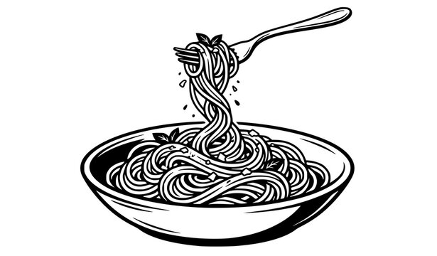 Italian pasta bowl with fork lifted spaghetti black white vector food icon