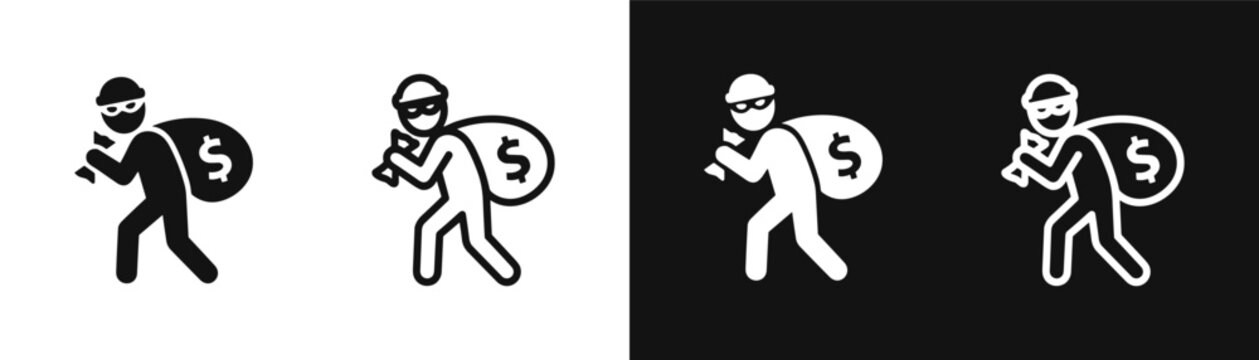 Thief running with money bag vector icon set