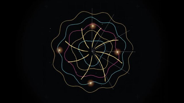 Abstract colorful concentric wavy lines animation forming a circular geometric mandala pattern on black background.