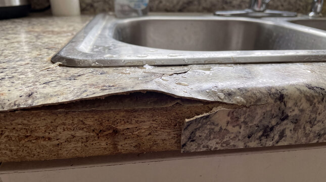 Damaged laminate countertop near kitchen sink showing peeling surface and swelling chipboard core due to water exposure