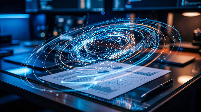 Abstract business intelligence concept showing data visualization with glowing particle vortex over financial charts and graphs for modern analytics.