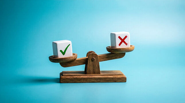 Wooden balance scale weighing white cubes with green check mark and red cross sign against cyan background for decision making and pros versus cons analysis.