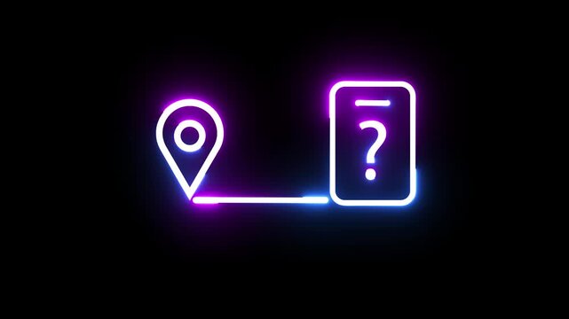 Neon map pointer to question mark icon animation seamless loop, blue purple glowing electric line on black background motion graphic video element