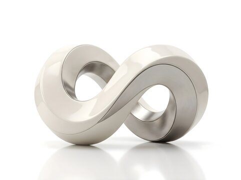Abstract Infinity Symbol Sculpture with Glossy White Ceramic and Brushed Metal Details Isolated on White Background