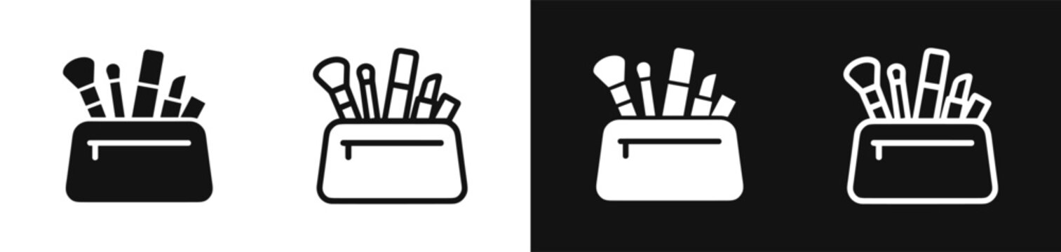 Makeup pouch icon set with cosmetics and brushes symbol in outline and glyph style
