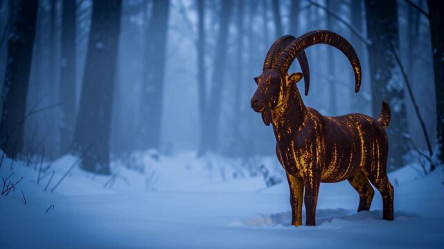 Wild ibex standing in snowy forest.