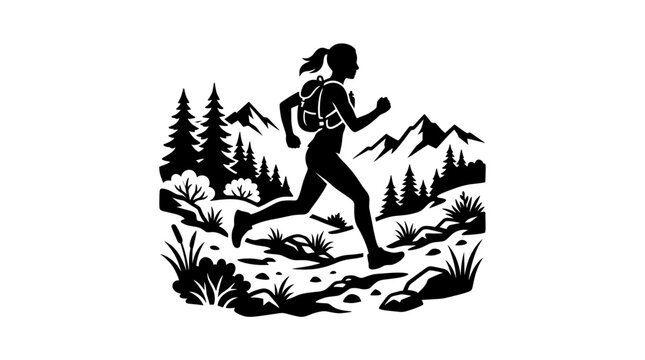 Female hiker sprinting on snowy mountain trail with backpack and trekking poles in winter landscape