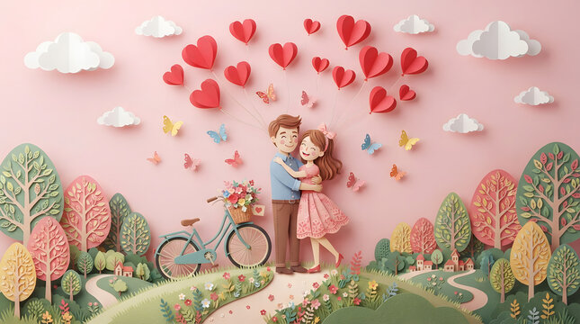 Romantic couple embracing in a paper craft landscape with hearts and bicycle