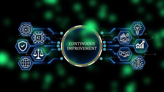 Futuristic continuous improvement and Cloud Technology Network with AI, Cybersecurity and Digital Business Icons. 4k animation