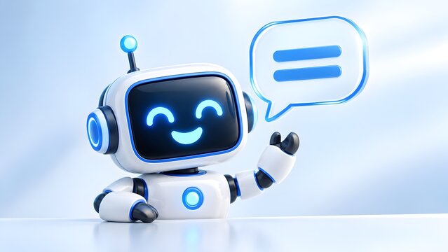 Cute friendly 3D robot character waving hand with a chat bubble, symbolizing AI assistant, chatbot, customer service, and artificial intelligence communication.