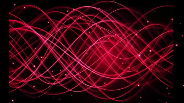 Glowing red energy waves animation with floating light particles, abstract futuristic sine wave flow.