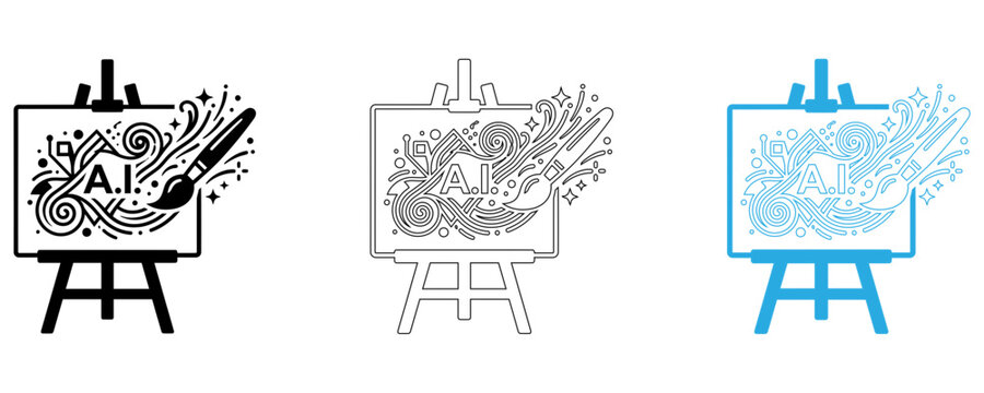 Three artistic sketches evolving into a finished painting on easels