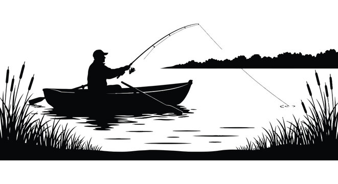 Fisherman in a boat with fishing rod black silhouette angler